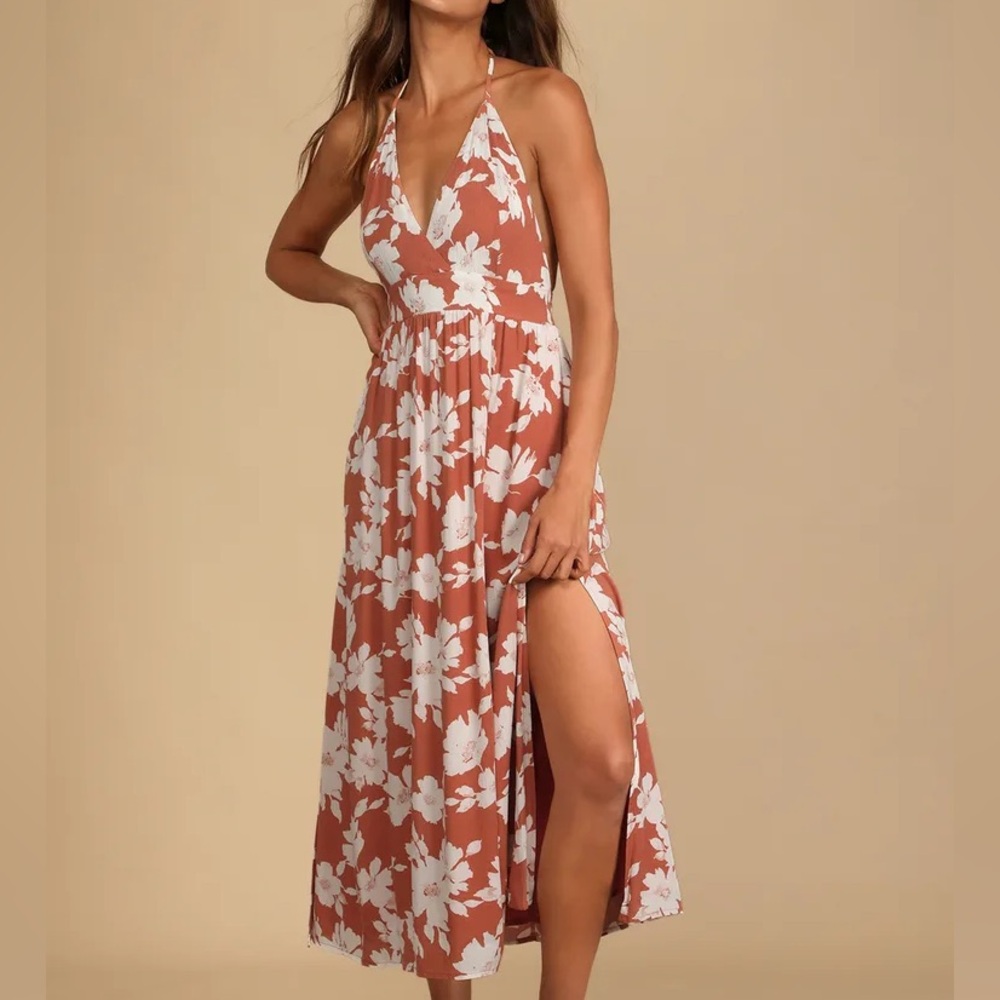 Summer Orange Floral Print Halter Midi Dress